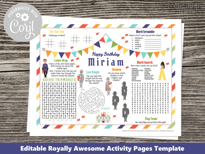 Editable Princess Knight Party Activity Sheet