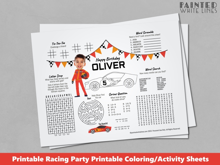 Race Car Kids Party Placemat Coloring 