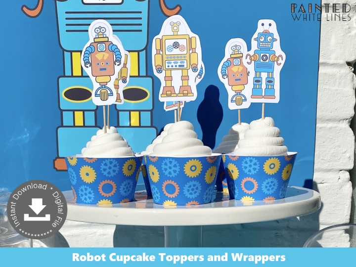 Printable Robot Party Cupcake Toppers Wrappers