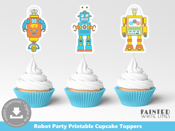 Printable Robot Party Cupcake Toppers Wrappers