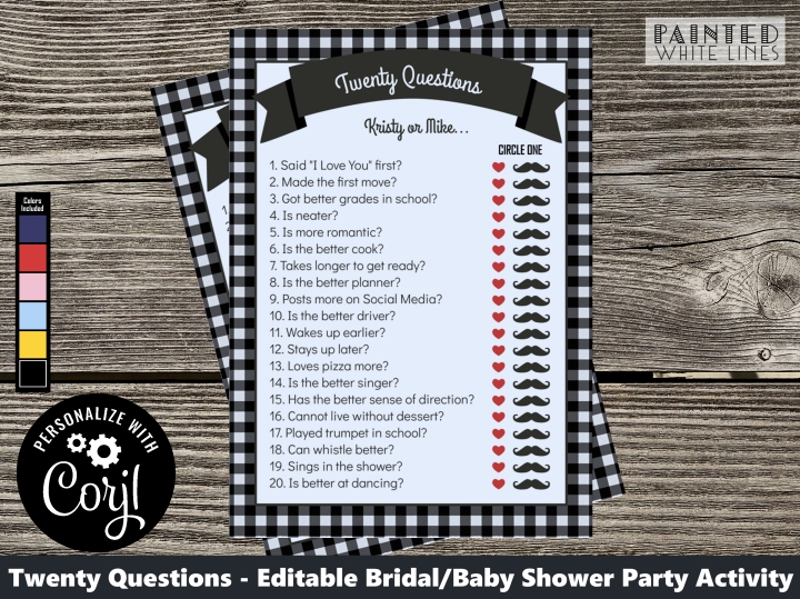 Bridal Twenty Questions Printable Wedding Shower Game