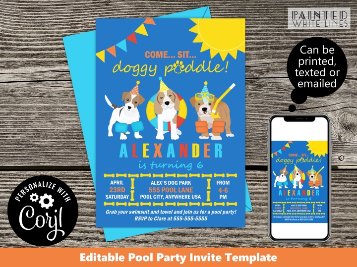 Blue Doggy Paddle Pool Party Birthday Invitation Template