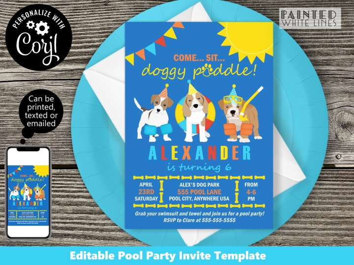 Blue Doggy Paddle Pool Party Birthday Invitation Template