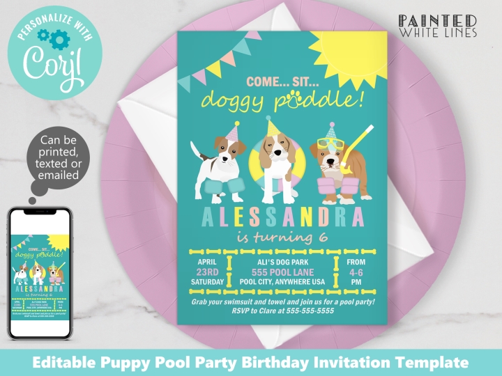 Doggy Paddle Pool Party Birthday Invitation Template