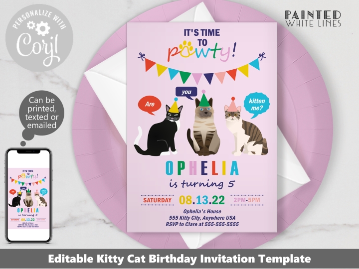 Cat Birthday Invitation Digital File
