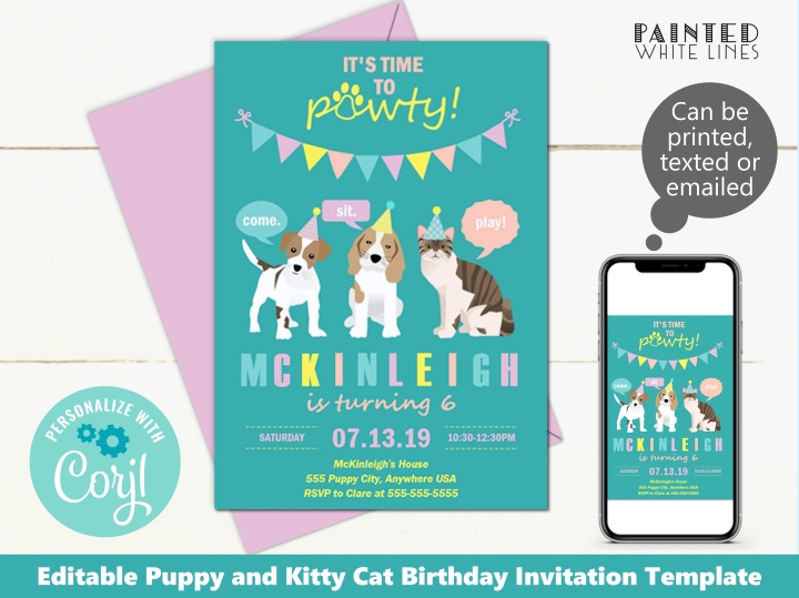 Puppy Dog and Kitty Cat Birthday Party Invitation Template