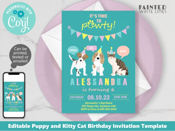 Puppy Dog and Kitty Cat Birthday Party Invitation Template