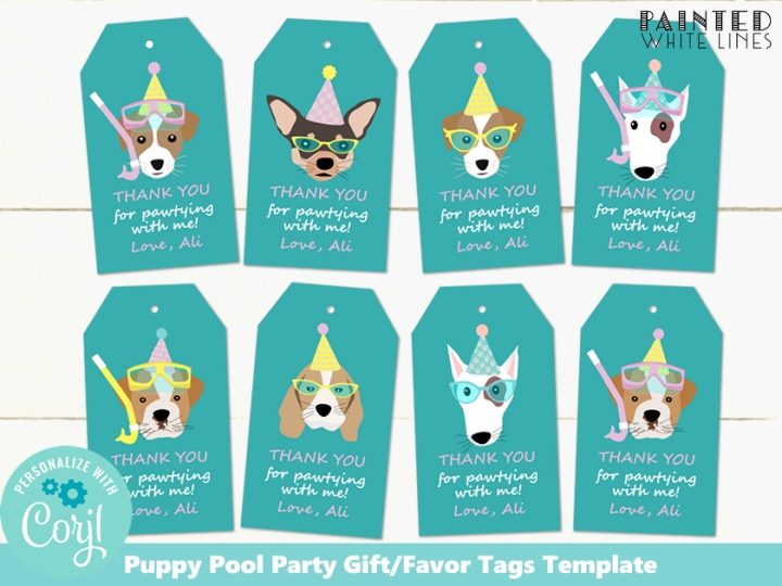 Doggy Paddle Pool Party Editable Favor Tags Template
