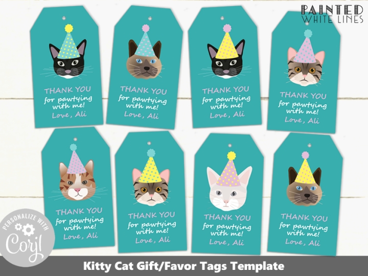 Cat Party Editable Favor Tags Template
