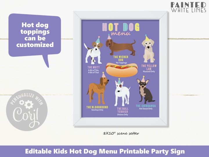 Printable Hot Dog Party Menu Sign Puppy