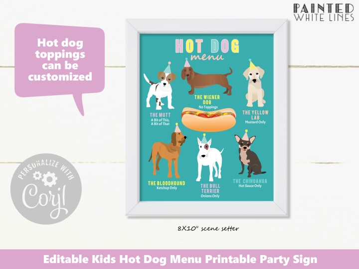PRINTABLE PARTY SUPPLIES Printable Hot Dog Party Menu Sign Puppy 