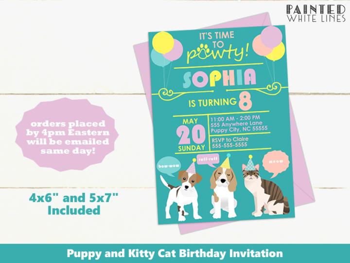 Puppy Dog and Kitty Cat Birthday Party Invitation