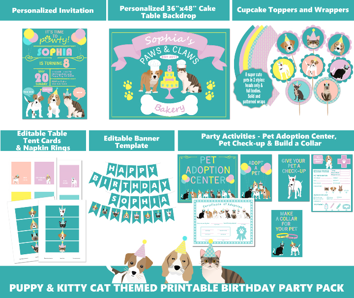 Printable Party Supplies Gifts Girls Puppy Dog And Kitty Cat