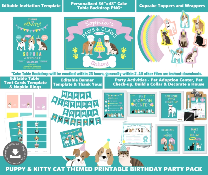 Girls Puppy Dog and Kitty Cat Themed Party Supplies Package