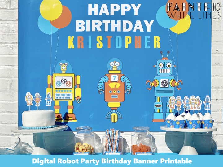 Personalized Robot Party Cake Table Backdrop