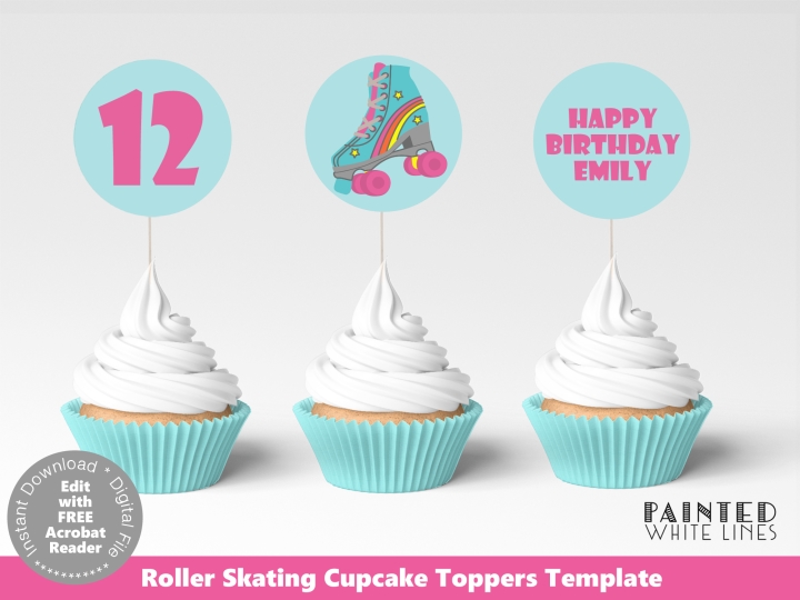 Printable Roller Skate Cupcake Toppers and Wrappers Template