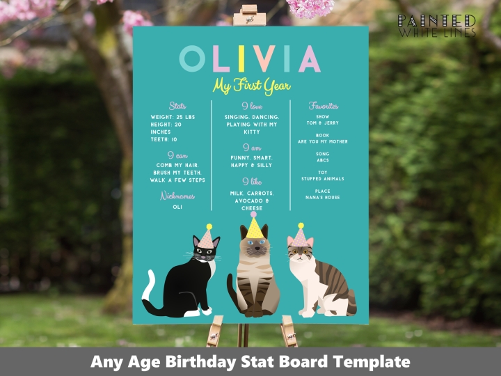 Cat Party Birthday Stats Board 