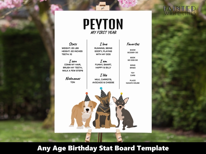 Dog Party Birthday Stats Board 