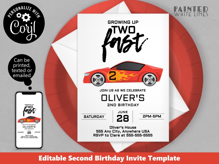 Growing up Two Fast Birthday Invitation Template Racing Car 